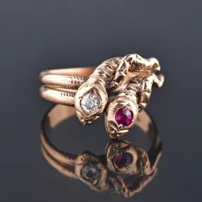 Victorian Rose Gold European Cut Diamond Ruby Snake Ring