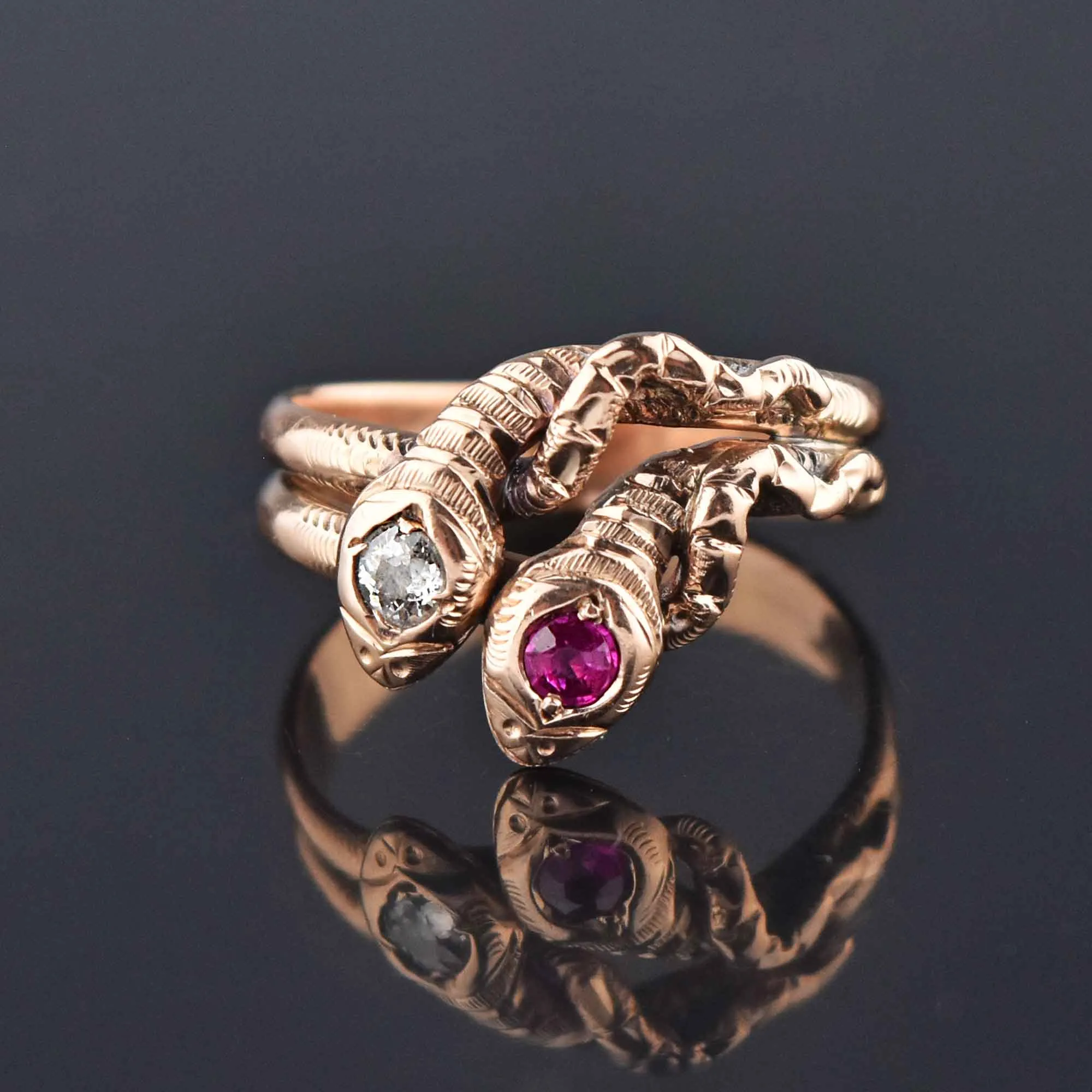 Victorian Rose Gold European Cut Diamond Ruby Snake Ring