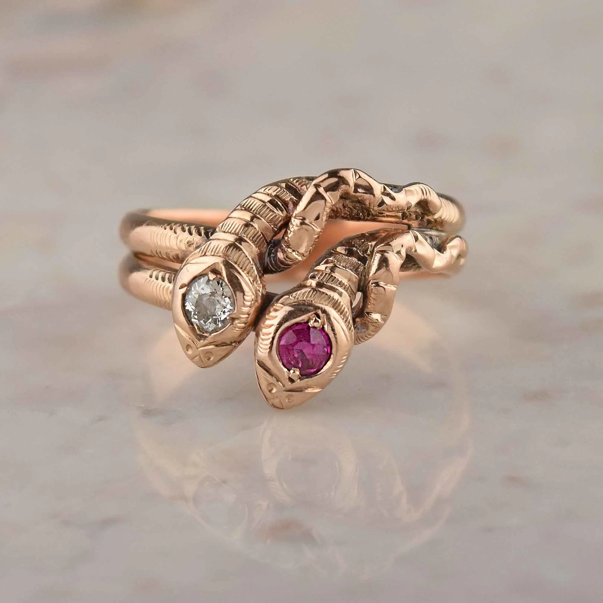 Victorian Rose Gold European Cut Diamond Ruby Snake Ring