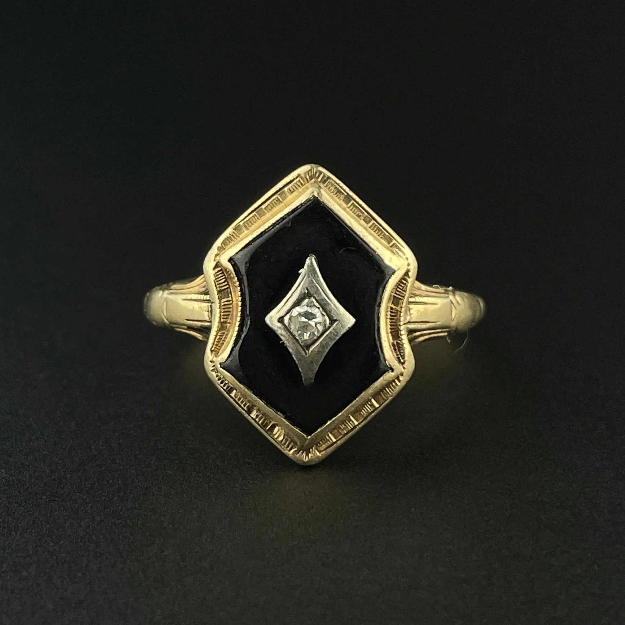 Vintage Art Deco 10K Gold Diamond Onyx Ring, Sz 8.5