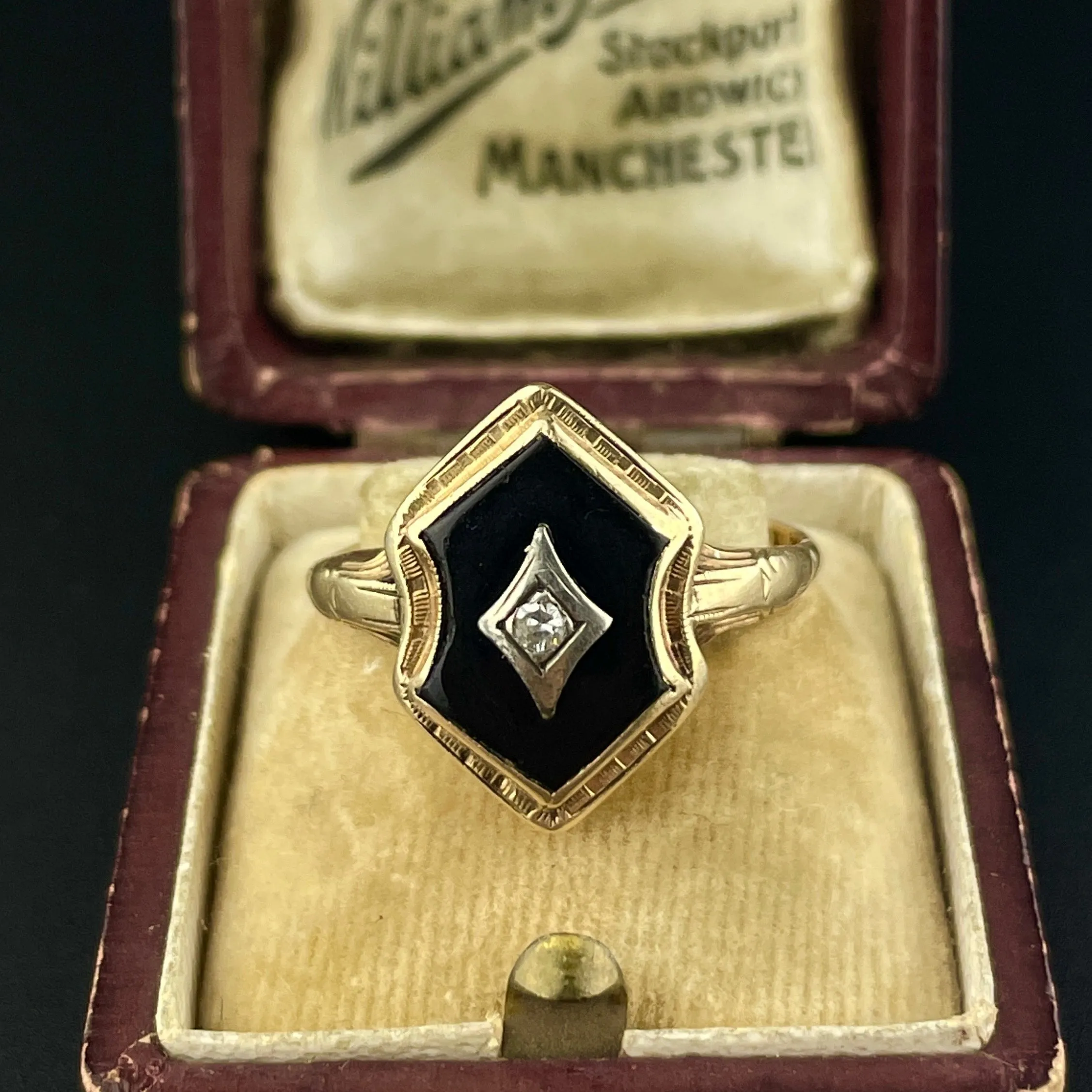 Vintage Art Deco 10K Gold Diamond Onyx Ring, Sz 8.5