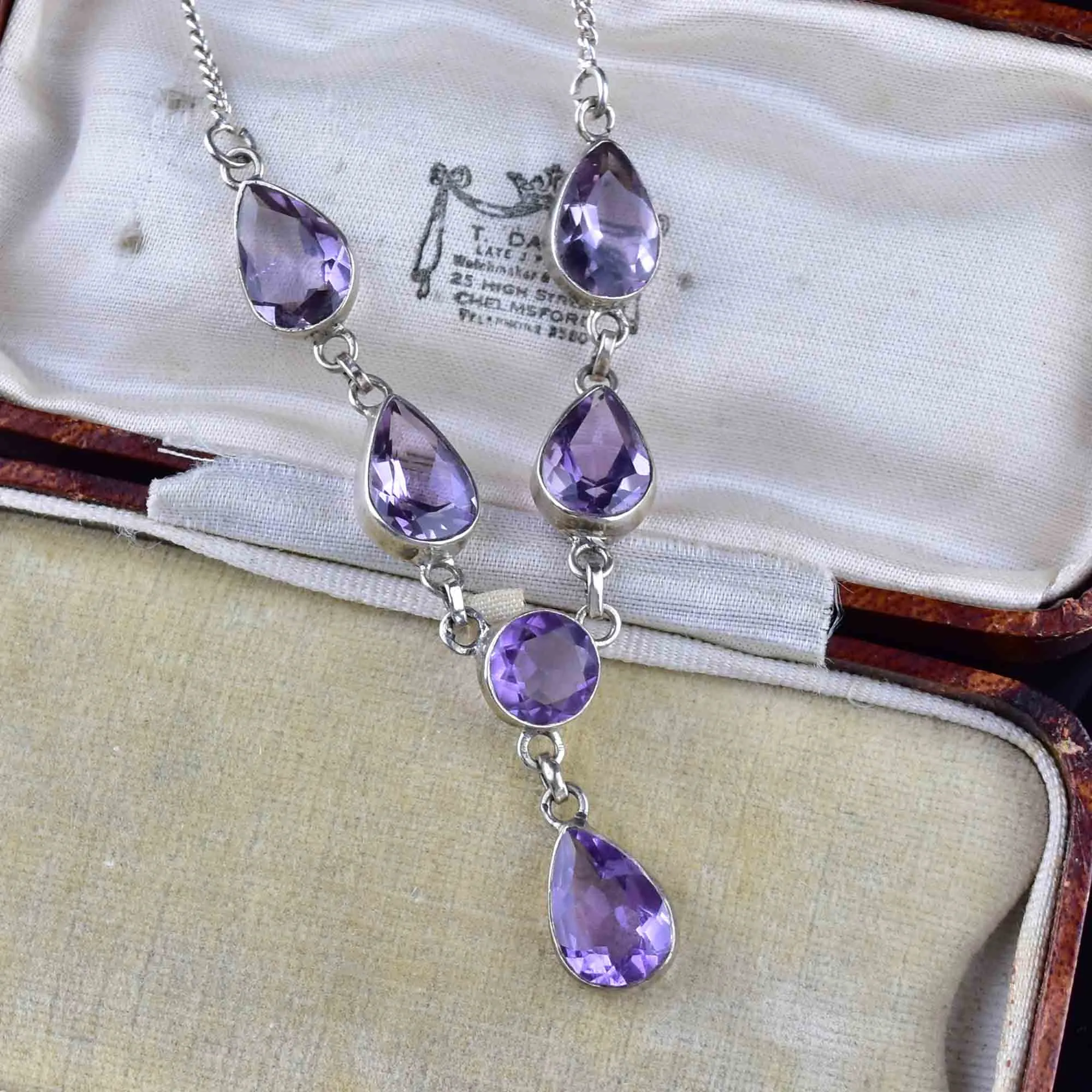 Vintage Art Deco Style Silver Amethyst Drop Necklace