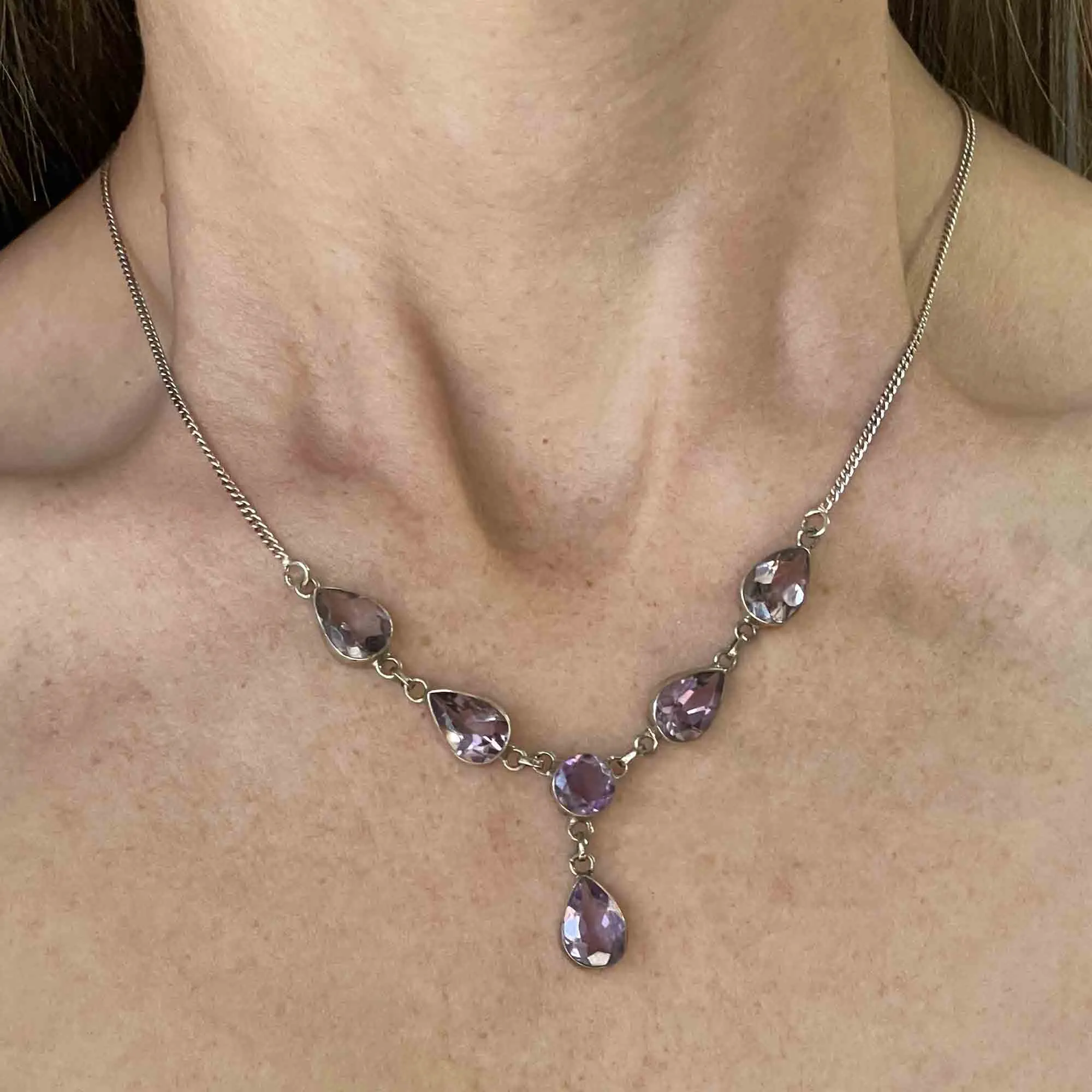 Vintage Art Deco Style Silver Amethyst Drop Necklace