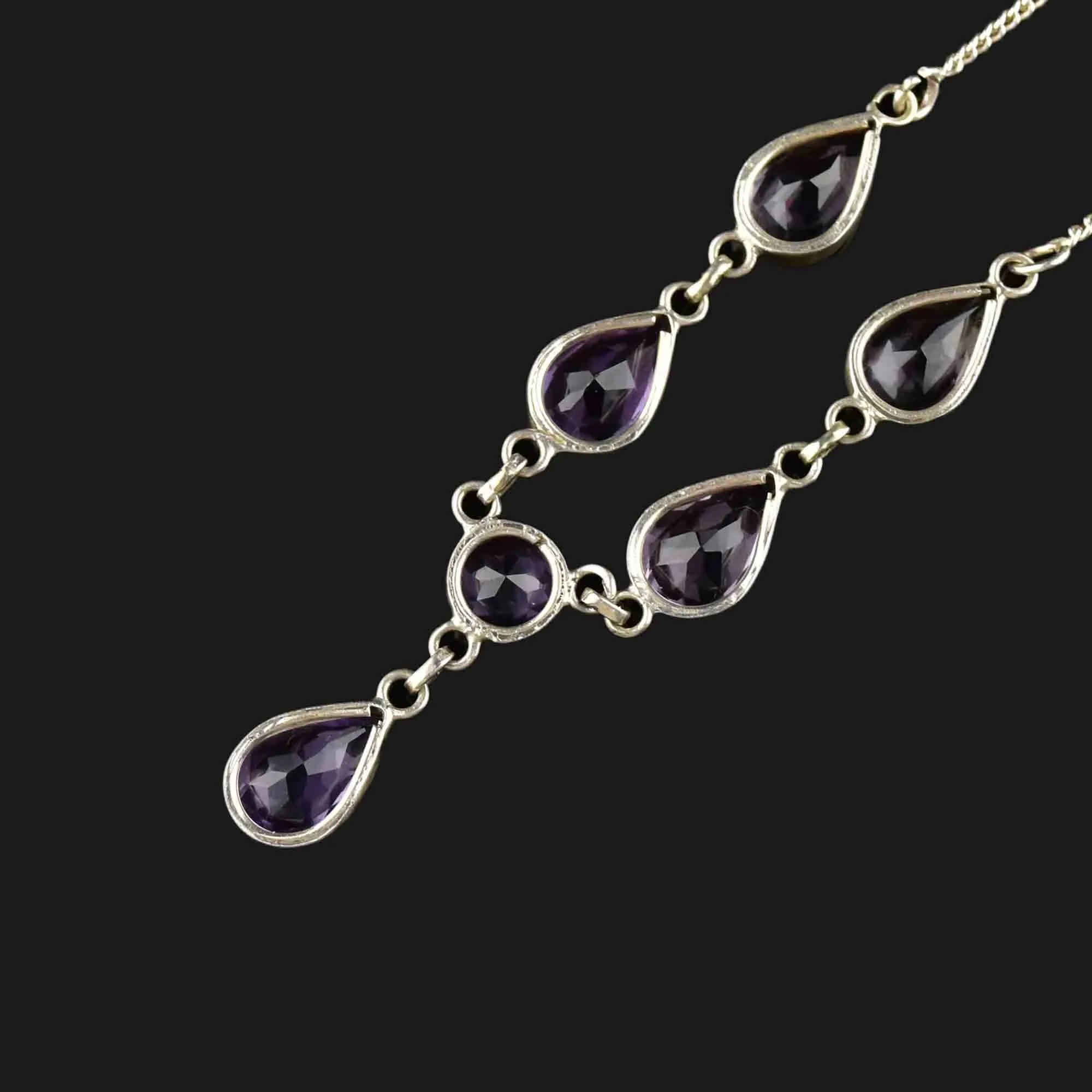 Vintage Art Deco Style Silver Amethyst Drop Necklace