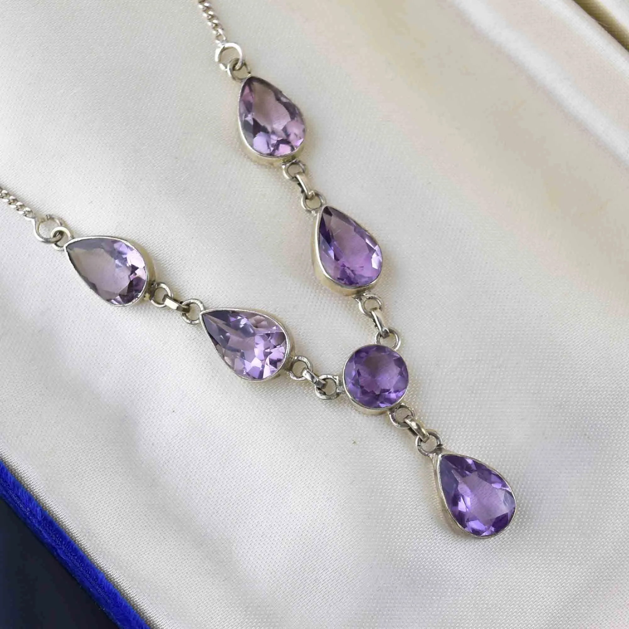 Vintage Art Deco Style Silver Amethyst Drop Necklace