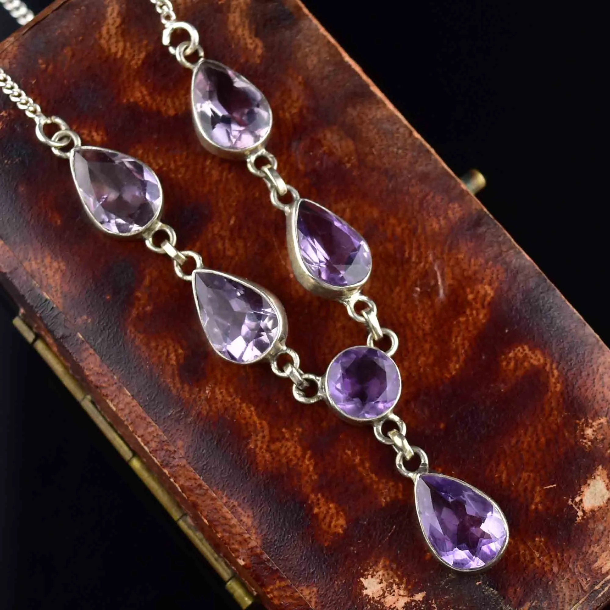 Vintage Art Deco Style Silver Amethyst Drop Necklace