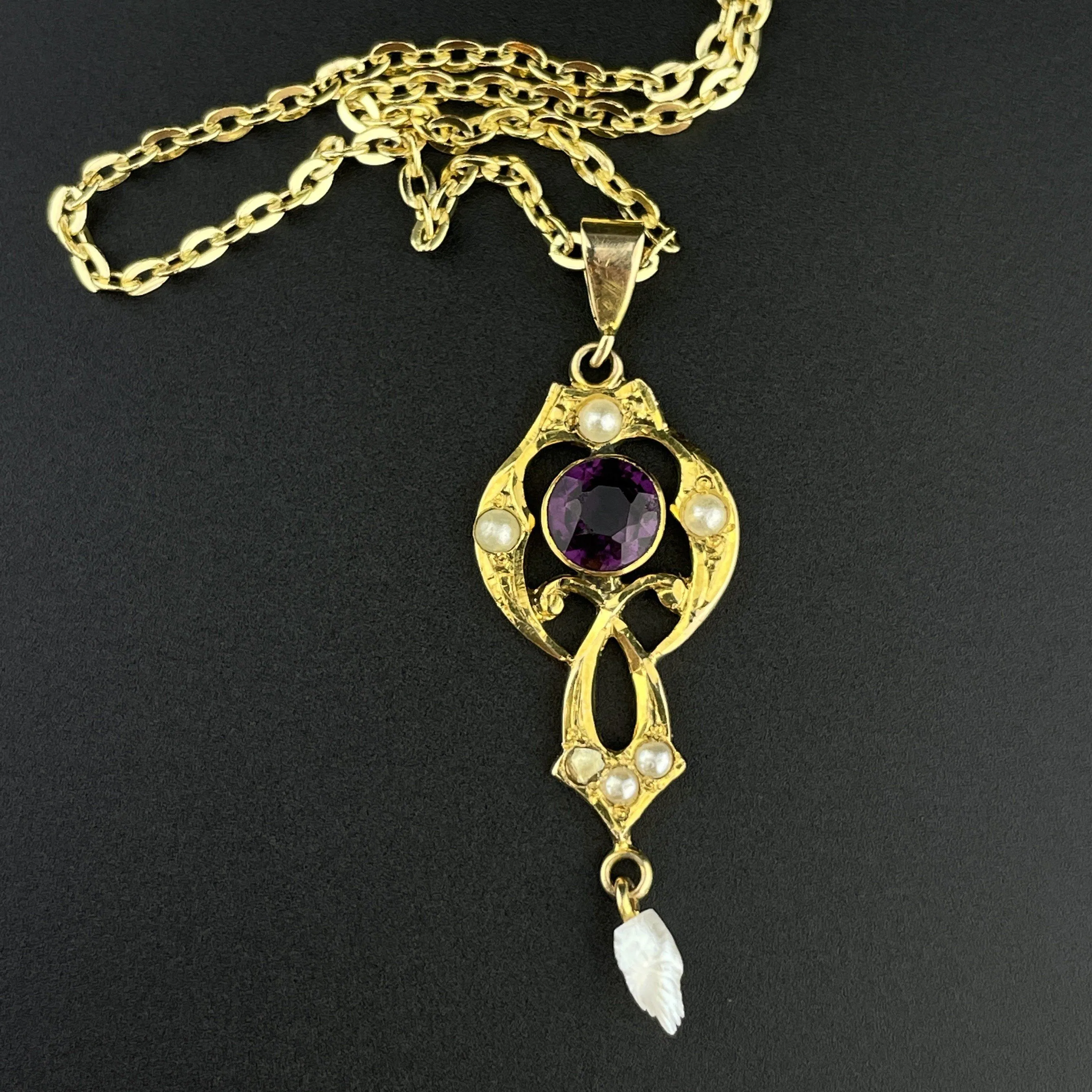 Vintage Art Nouveau Gold Amethyst Pearl Lavaliere Pendant Necklace