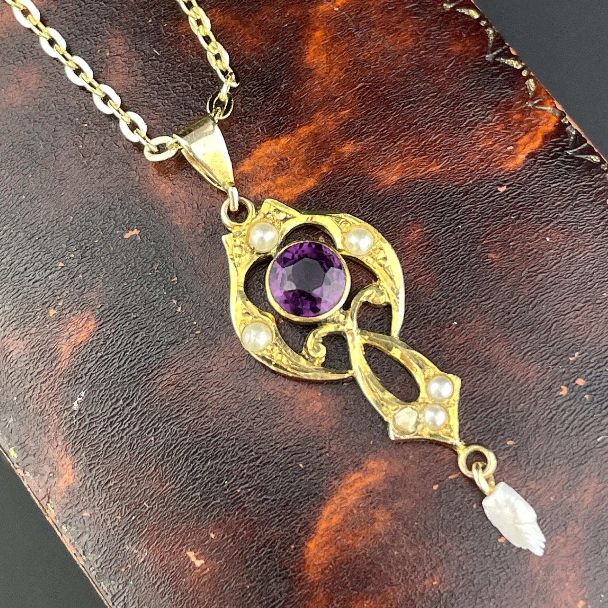 Vintage Art Nouveau Gold Amethyst Pearl Lavaliere Pendant Necklace