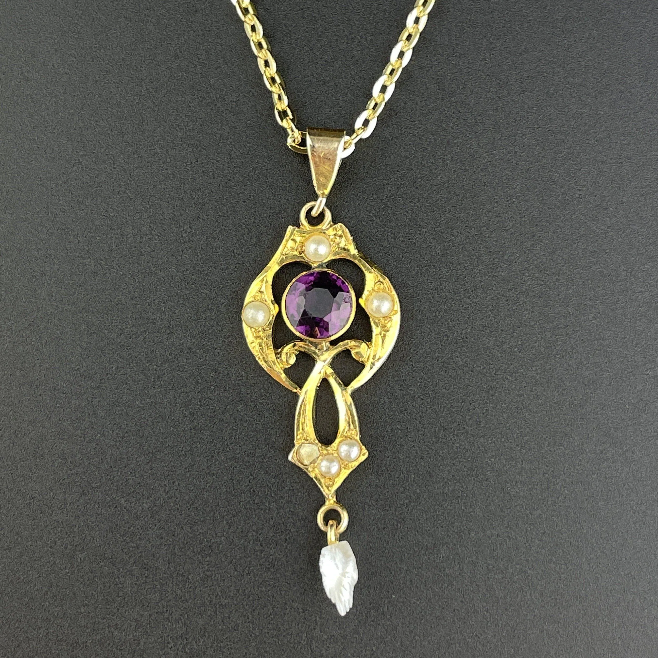 Vintage Art Nouveau Gold Amethyst Pearl Lavaliere Pendant Necklace