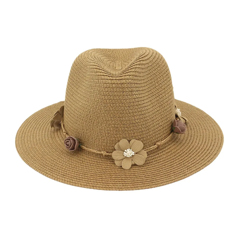 Women Sunscreen Travel Beach Sun Hat Flower Decoration Elegant Jazz Hat Straw Hat