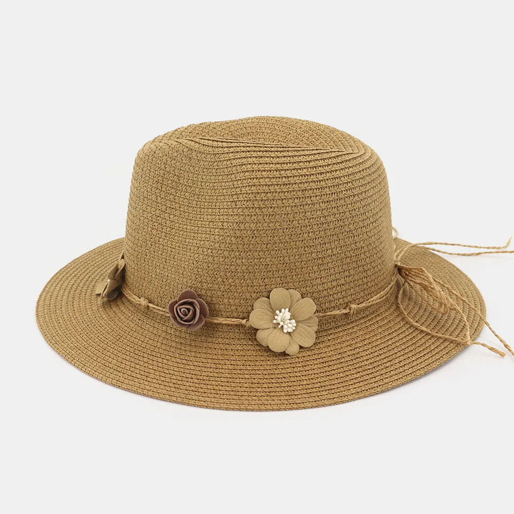 Women Sunscreen Travel Beach Sun Hat Flower Decoration Elegant Jazz Hat Straw Hat