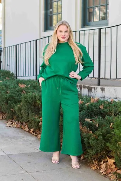 Women's Full Size Textured Long Sleeve Top and Drawstring Pants Set