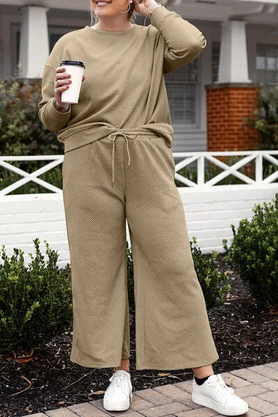 Women's Full Size Textured Long Sleeve Top and Drawstring Pants Set