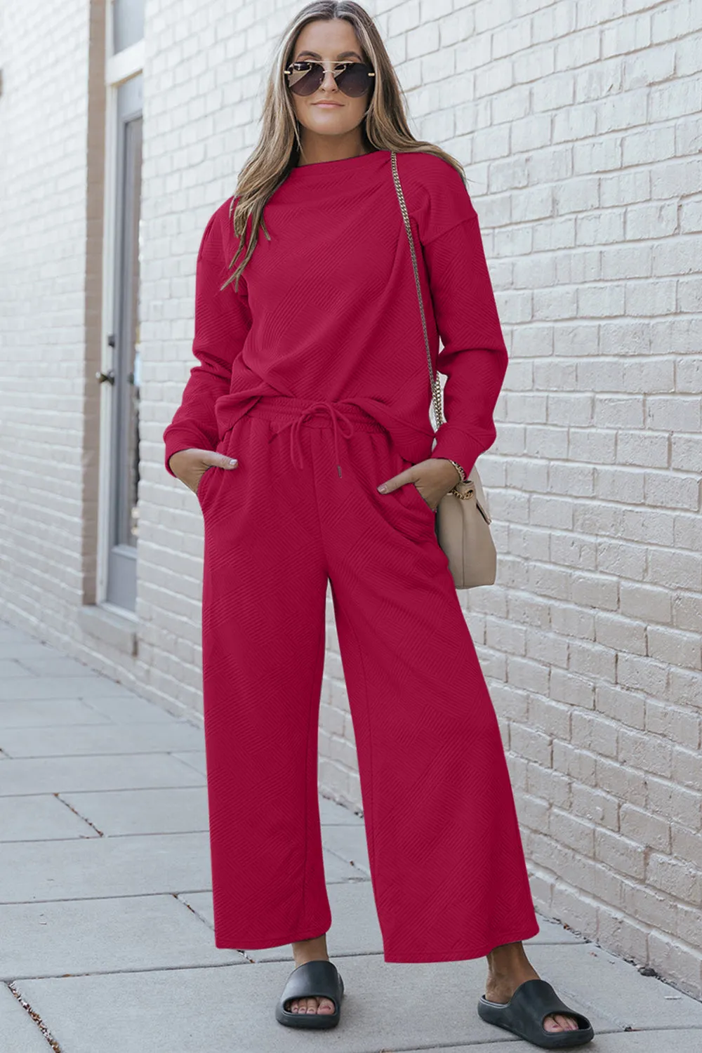 Women's Full Size Textured Long Sleeve Top and Drawstring Pants Set