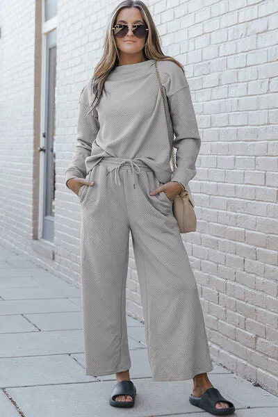 Women's Full Size Textured Long Sleeve Top and Drawstring Pants Set