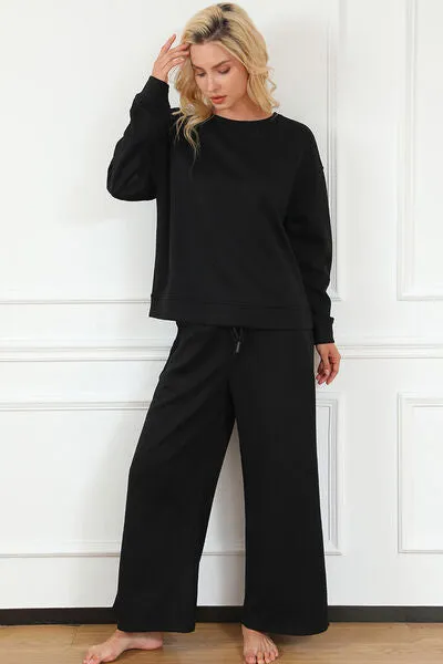 Women's Full Size Textured Long Sleeve Top and Drawstring Pants Set