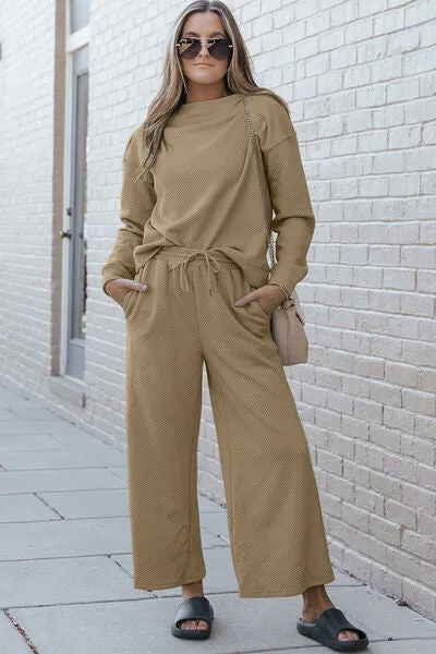 Women's Full Size Textured Long Sleeve Top and Drawstring Pants Set