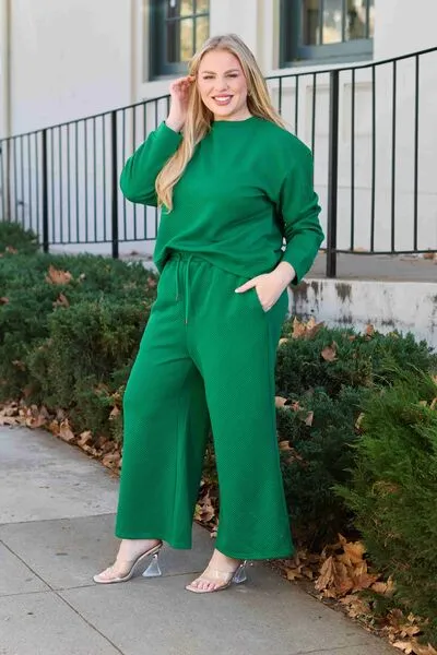 Women's Full Size Textured Long Sleeve Top and Drawstring Pants Set