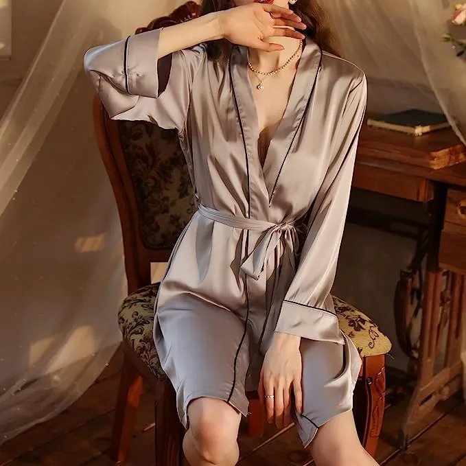 Women's Satin Robe Sexy Long Sleeves Kimono Valentines Lingerie for Women Solid Silk Bridesmaids Bathrobe